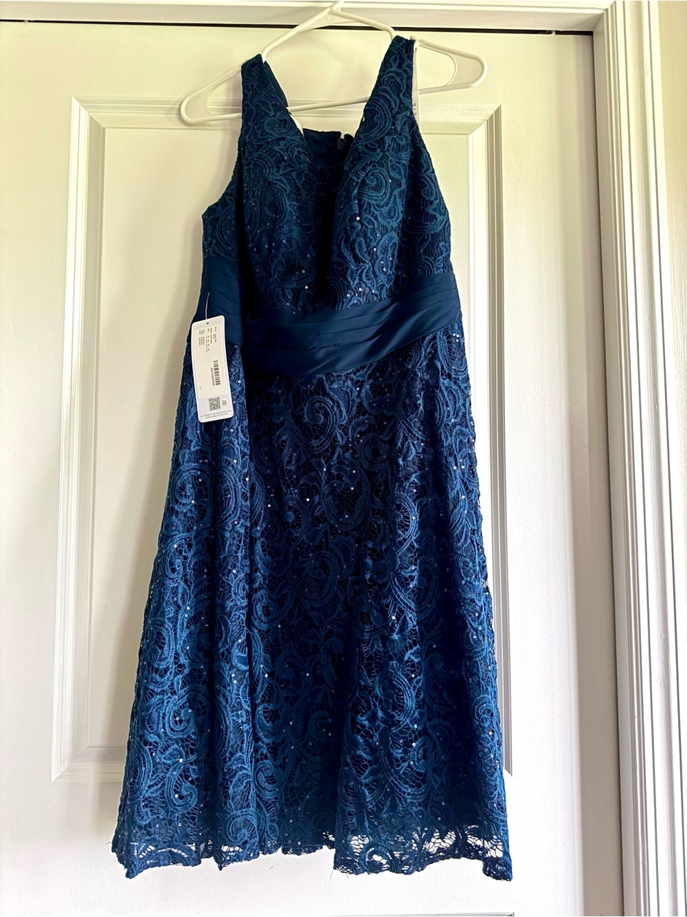 Azazie Navy Blue Lace Formal Dress with Satin Waistband